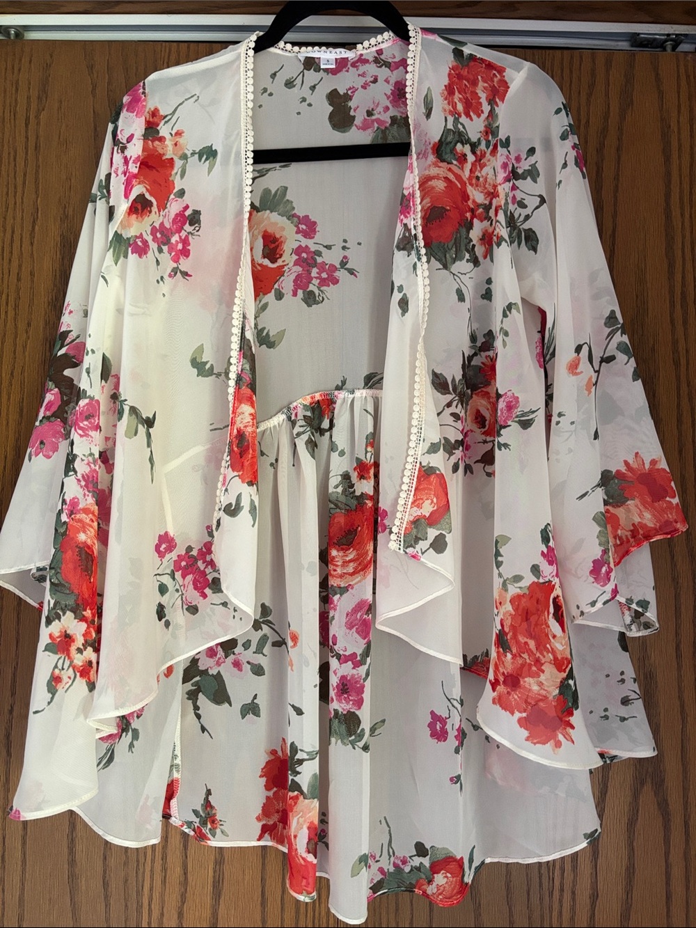 Sheer Floral Kimono Cardigan - White with Red & Pink Roses